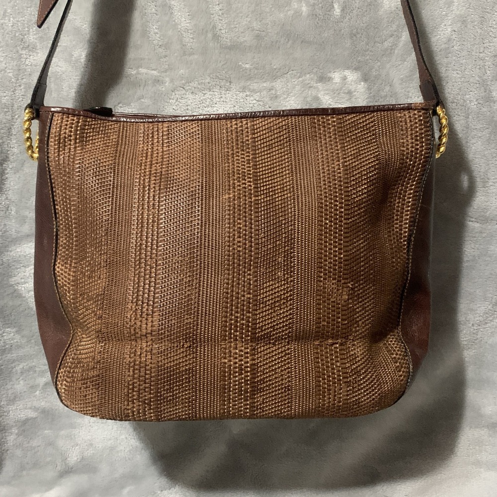 Dillards Made in Italy Brown Woven Straw Leather Shoulder Bag Crossbody Handbag